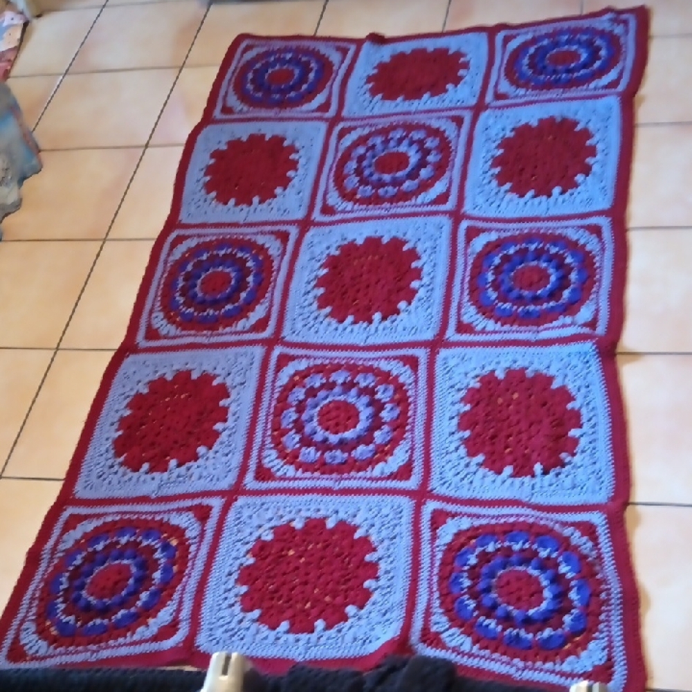 Vintage Handcrafted Red, Purple and Blue Crochet Blanket